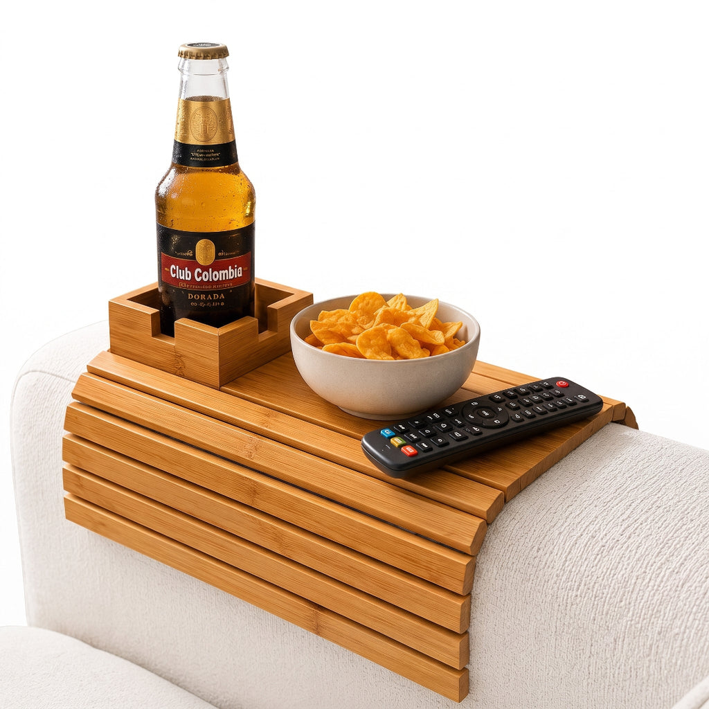 Bandeja de Bambú para Sofá con Portavasos y Soporte para Snacks