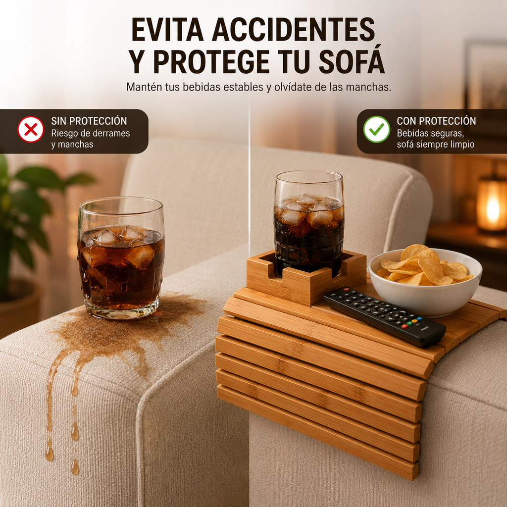 Bandeja de Bambú para Sofá con Portavasos y Soporte para Snacks