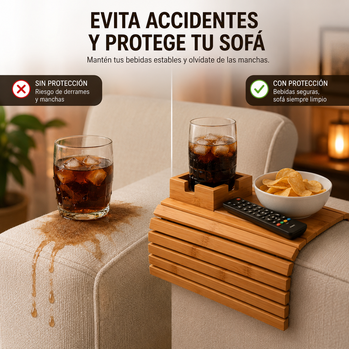 Bandeja de Bambú para Sofá con Portavasos y Soporte para Snacks