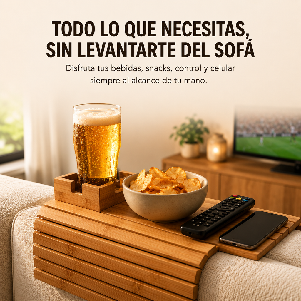 Bandeja de Bambú para Sofá con Portavasos y Soporte para Snacks
